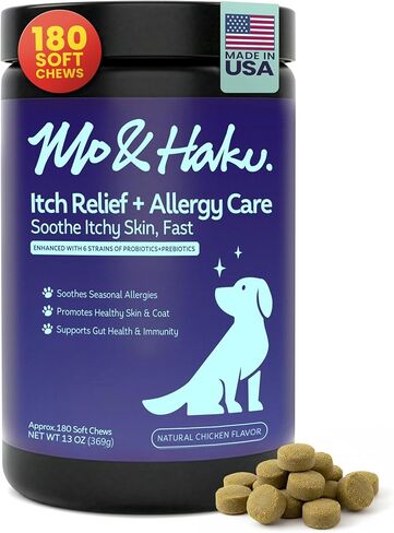 Mo & Haku Dog Allergy Relief Chews - 180 Soft Chews Immune Itch Support for Dogs Itchy Skin, Ears, Paw Licking, Seasonal Allergies - with Prebiotics & Probiotics, Colostrum & Salmon Oil in Kuwait