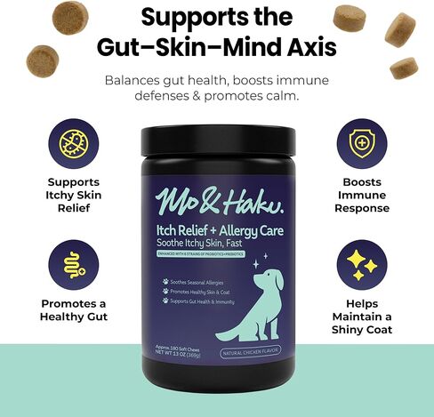 Mo & Haku Dog Allergy Relief Chews - 180 Soft Chews Immune Itch Support for Dogs Itchy Skin, Ears, Paw Licking, Seasonal Allergies - with Prebiotics & Probiotics, Colostrum & Salmon Oil in Kuwait