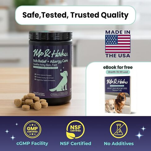 Mo & Haku Dog Allergy Relief Chews - 180 Soft Chews Immune Itch Support for Dogs Itchy Skin, Ears, Paw Licking, Seasonal Allergies - with Prebiotics & Probiotics, Colostrum & Salmon Oil in Kuwait