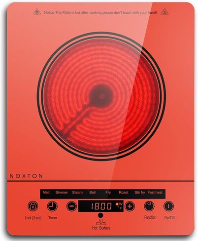 Noxton Portable Electric Stove 110V, 1800W Single Burner Electric Cooktop, Countertop Burner Electri Hot Plate, 4 Hour Timer, 9 Power Level, Child Safety Lock, Compatible with All Cookware(Red) in Kuwait