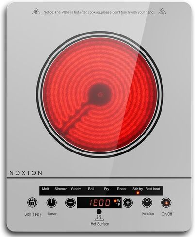 Noxton Portable Electric Stove 110V, 1800W Single Burner Electric Cooktop, Countertop Burner Electri Hot Plate, 4 Hour Timer, 9 Power Level, Child Safety Lock, Compatible with All Cookware(Red) in Kuwait