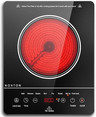Noxton Portable Electric Stove 110V, 1800W Single Burner Electric Cooktop, Countertop Burner Electri Hot Plate, 4 Hour Timer, 9 Power Level, Child Safety Lock, Compatible with All Cookware(Red) in Kuwait