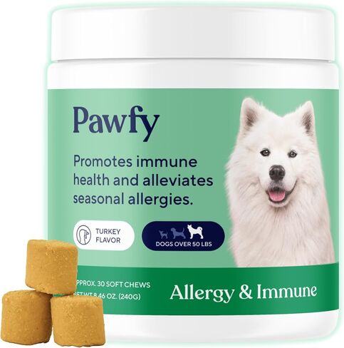 مضغ Pawfy لحساسية الكلاب للسلالات الكبيرة مع حكة في الجلد ولعق مخالب | دعم الحساسية والمناعة للكلاب بالبروبيوتيك وزيت السلمون والكركم وفيتامين ب12 | 30 قطعة مضغ بنكهة الديك الرومي in Kuwait