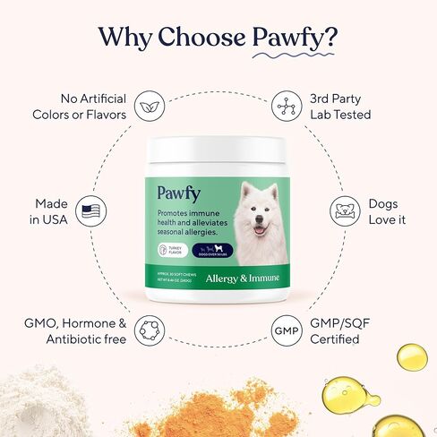مضغ Pawfy لحساسية الكلاب للسلالات الكبيرة مع حكة في الجلد ولعق مخالب | دعم الحساسية والمناعة للكلاب بالبروبيوتيك وزيت السلمون والكركم وفيتامين ب12 | 30 قطعة مضغ بنكهة الديك الرومي in Kuwait