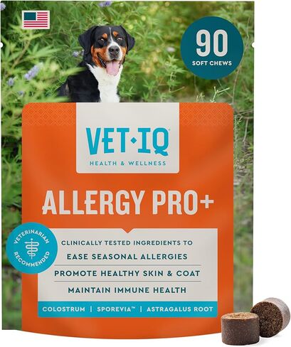 VetIQ Allergy Pro + مضغ ناعم للكلاب، مضغ حساسية الكلاب، دعم موسمي، اللبأ، جذر استراغالوس، سبورفيا، نكهة دخان هيكوري، 90 قطعة in Kuwait