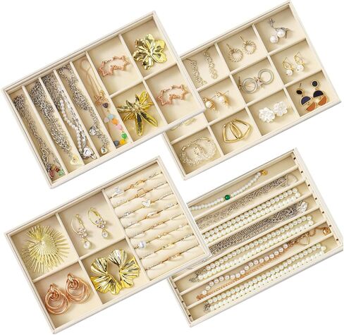 Jewelry Drawer Organizer Inserts Tray, Set of 4 Velvet Stackable Jewelry Trays for Earring Necklace Rings Bracelets Watch (Beige) in Saudi Arabia