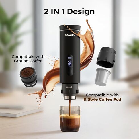 BougeRV Portable Drip Coffee Maker Compatible with K Cup & Ground Coffee, Electric Car Coffee Machine Self-Heating LCD Display USB-C for Travel, Bussiness Trips, Hotel, Camping, Office, Outdoors in Kuwait