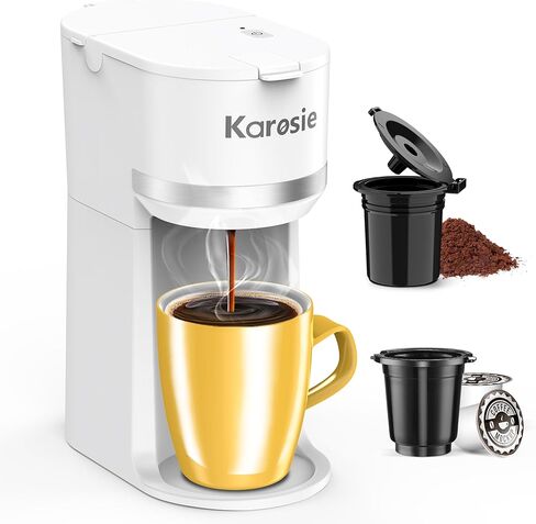 Single Serve Coffee Maker for K-Cup and Ground Coffee,Fast Brew,6-12 oz Brew Sizes One Cup Coffee Machine Fits 5.5" Mugs,One-Button Small Coffee Maker with Descaling Reminder,White,9.45 Inches in Kuwait