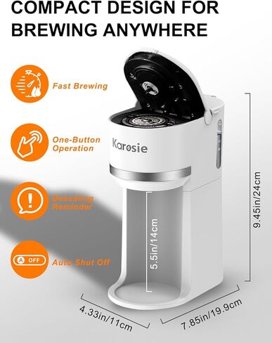 Single Serve Coffee Maker for K-Cup and Ground Coffee,Fast Brew,6-12 oz Brew Sizes One Cup Coffee Machine Fits 5.5" Mugs,One-Button Small Coffee Maker with Descaling Reminder,White,9.45 Inches in Kuwait
