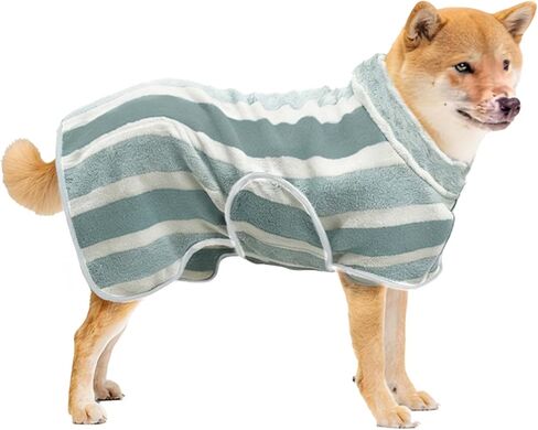 Fast Drying Dog Bath Robe, Super Absorbent Stripes Dogs Towel, Adjustable Warm Keeping Pet Puppy Bath Supplies (Green, L) in Saudi Arabia