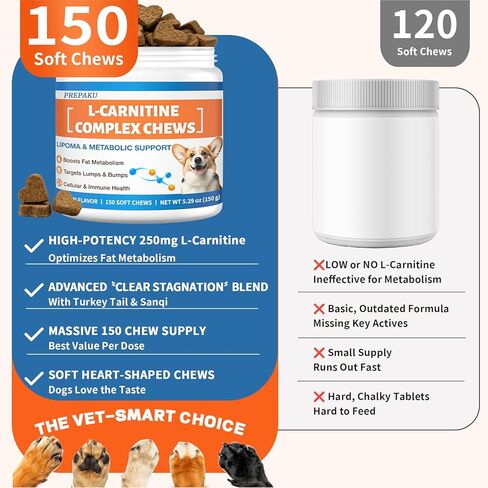 علاج الورم الشحمي للكلاب – L-Carnitine يحسن استقلاب الدهون والراحة؛ تركيبة متقدمة مع ذيل الديك الرومي، ويوننان سانكي، ومزيج CoQ10 والكركمين للعناية الخلوية والمناعة والحيوية - 150 قطعة للمضغ in Kuwait