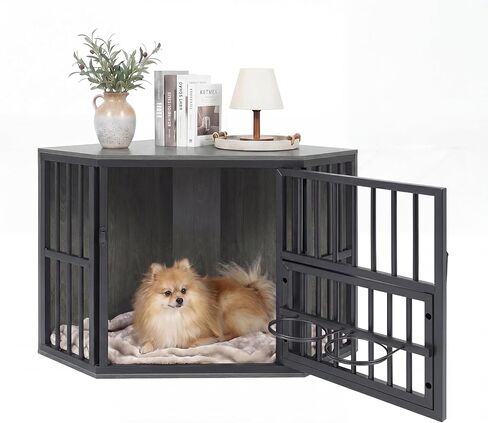 Giantex Corner Dog Crate Furniture with Adjustable & Reversible Elevated Feeder, Wooden Dog Kennel with Double Doors, Indoor Dog Cage End Table TV Stand for Small Dogs Puppies (Rustic Brown) in Kuwait