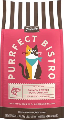 Merrick Purrfect Bistro وصفة السلمون والبطاطا الحلوة الخالية من الحبوب، طعام القطط الجاف الطبيعي للقطط البالغة، عالي البروتين، طعام القطط الخارجي أو الداخلي - حقيبة 4 رطل in Kuwait