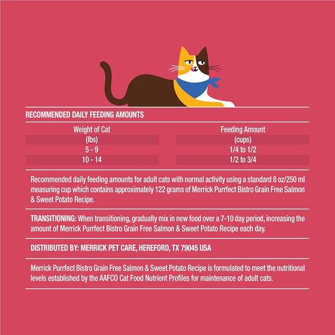 Merrick Purrfect Bistro وصفة السلمون والبطاطا الحلوة الخالية من الحبوب، طعام القطط الجاف الطبيعي للقطط البالغة، عالي البروتين، طعام القطط الخارجي أو الداخلي - حقيبة 4 رطل in Kuwait