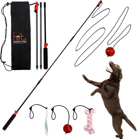 PET Wrangler 2.0 - Upgraded Flirt Pole for Dogs, Interactive Dog Toy with Reinforced 50" Pole &10ft Cord, Creates Extended Play Area, 3 Changeable Lures for Training, Exercise, & Enrichment in Kuwait