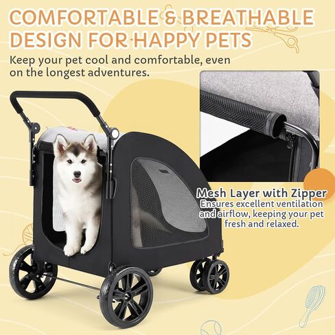 Large Pet Stroller for Large & Medium Dogs, 77 lb Capacity, 12" All-Terrain Shock Absorbing Wheels, Waterproof 600D Grey Linen, Heavy-Duty Extra Large Pet Pram, Foldable Travel Stroller in Kuwait