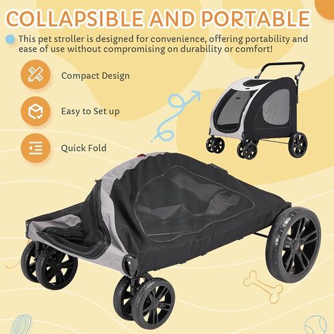 Large Pet Stroller for Large & Medium Dogs, 77 lb Capacity, 12" All-Terrain Shock Absorbing Wheels, Waterproof 600D Grey Linen, Heavy-Duty Extra Large Pet Pram, Foldable Travel Stroller in Kuwait