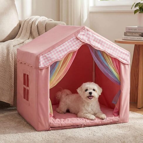 Cute Pink Princess 26" Dog House Tent Bed for Pets Dogs Cats, Cozy Confortable Puppy Cat Rabbit Kennel Bed Tent w/Washable Cushion, Holds Up to 50lbs Pets in Kuwait