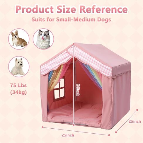 Cute Pink Princess 26" Dog House Tent Bed for Pets Dogs Cats, Cozy Confortable Puppy Cat Rabbit Kennel Bed Tent w/Washable Cushion, Holds Up to 50lbs Pets in Kuwait