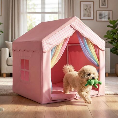 Cute Pink Princess 26" Dog House Tent Bed for Pets Dogs Cats, Cozy Confortable Puppy Cat Rabbit Kennel Bed Tent w/Washable Cushion, Holds Up to 50lbs Pets in Kuwait