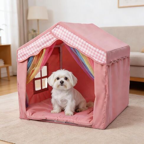 Cute Pink Princess 26" Dog House Tent Bed for Pets Dogs Cats, Cozy Confortable Puppy Cat Rabbit Kennel Bed Tent w/Washable Cushion, Holds Up to 50lbs Pets in Kuwait