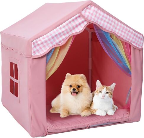Cute Pink Princess 26" Dog House Tent Bed for Pets Dogs Cats, Cozy Confortable Puppy Cat Rabbit Kennel Bed Tent w/Washable Cushion, Holds Up to 50lbs Pets in Kuwait