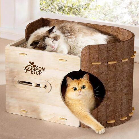 GONPETGP Cat Beds for Indoor Cats, Cat House Cave with Wooden Play Ball Scratch Pad, Detachable Felt Cat Condo Hideaway for Multiple Small Pets and Kittens in Saudi Arabia