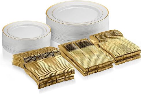 125 Piece Gold Dinnerware Party Set - 50 Gold Rim Clear Plastic Plates, 25 Dinner 25 Dessert Plates, 25 Knives, 25 Forks, 25 Spoons - 25 Guest Disposable Set for Wedding Birthday Parties in Kuwait