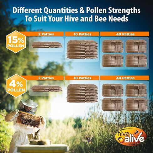 HIVE ALIVE حبوب اللقاح لنحل العسل - 10 رطل (10x1 رطل) فطائر حبوب اللقاح وطعام النحل لفصل الربيع مع 15% حبوب اللقاح الأمريكية الحقيقية والأعشاب البحرية والأحماض الأمينية لدعم صحة الحضنة والمستعمرة in Kuwait