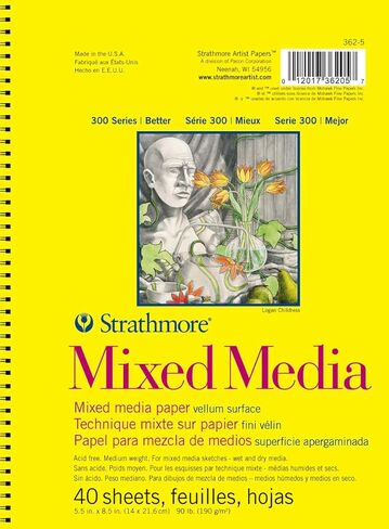 لوحة ورق الوسائط المختلطة من سلسلة Strathmore 300، سلك جانبي، 5.5 × 8.5 بوصة، 40 ورقة (117 رطل/190 جم) - ورق فني للبالغين والطلاب - ألوان مائية، غواش، جرافيت، حبر، قلم رصاص، قلم تحديد in Kuwait