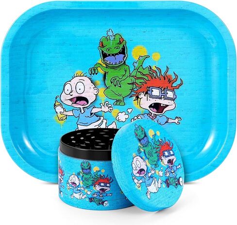 Spice mills and rolling tray set - fun patterned spice grinder with medium metal tray, suitable for kitchen and everyday use, blue. in Saudi Arabia