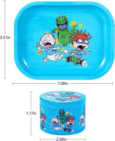 Spice mills and rolling tray set - fun patterned spice grinder with medium metal tray, suitable for kitchen and everyday use, blue. in Saudi Arabia