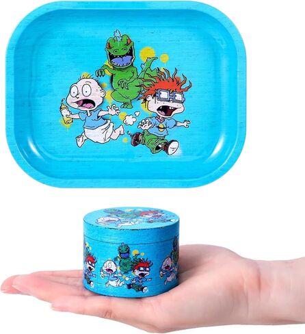 Spice mills and rolling tray set - fun patterned spice grinder with medium metal tray, suitable for kitchen and everyday use, blue. in Saudi Arabia