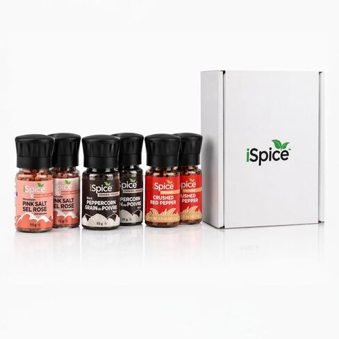 ISpice Kitchen Essentials 6-Pack Spice Grinder Set with Himalayan Pink Salt, Black Peppercorn, and Crushed Red Pepper, 6 Items in Kuwait