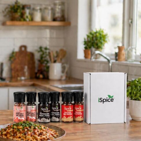 ISpice Kitchen Essentials 6-Pack Spice Grinder Set with Himalayan Pink Salt, Black Peppercorn, and Crushed Red Pepper, 6 Items in Kuwait