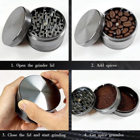 Spice Crusher 3.0 Inch Aluminum Alloy Manual Grinder for Salt, Pepper & Spices Portable 4 Piece with Pollen Catcher, Mesh Screen & Strong Magnetism (Black and Grey) in Kuwait