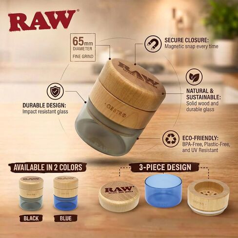 RAW Natural Wood Spice & Herbs Grinder 65mm - Magnetic Closure - Fine Grind - Blue Glass in Kuwait