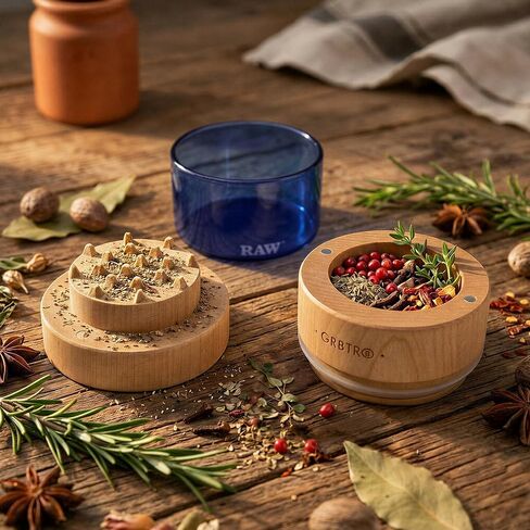 RAW Natural Wood Spice & Herbs Grinder 65mm - Magnetic Closure - Fine Grind - Blue Glass in Kuwait
