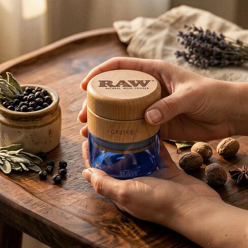 RAW Natural Wood Spice & Herbs Grinder 65mm - Magnetic Closure - Fine Grind - Blue Glass in Kuwait