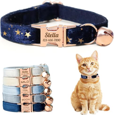 Personalized Non-Breakaway Cat Collar with Name, Luxury Soft Velvet Custom Engraved Name Collar with Bell for Kittens & Cats (Blue with Stars, S (6.5-10.5 inches)) in Kuwait