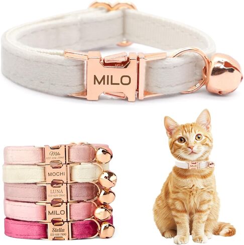 Personalized Non-Breakaway Cat Collar with Name, Luxury Soft Velvet Custom Engraved Name Collar with Bell for Kittens & Cats (Blue with Stars, S (6.5-10.5 inches)) in Kuwait