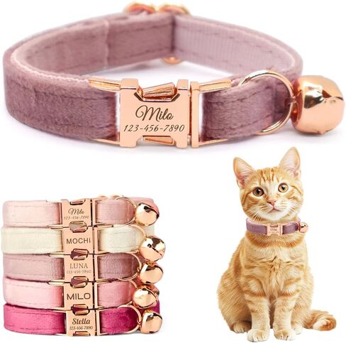 Personalized Non-Breakaway Cat Collar with Name, Luxury Soft Velvet Custom Engraved Name Collar with Bell for Kittens & Cats (Blue with Stars, S (6.5-10.5 inches)) in Kuwait