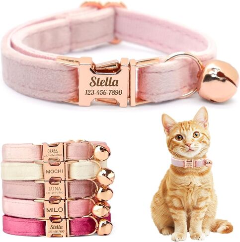 Personalized Non-Breakaway Cat Collar with Name, Luxury Soft Velvet Custom Engraved Name Collar with Bell for Kittens & Cats (Blue with Stars, S (6.5-10.5 inches)) in Kuwait