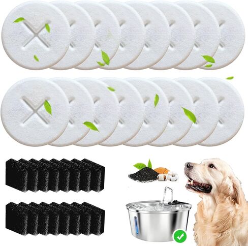 16+16 Pack Replacement Filters for Pawccoli 7L/1.8Gal Dog Water Fountain Stainless Steel, Includes 16 Filters & 16 Sponges in Kuwait