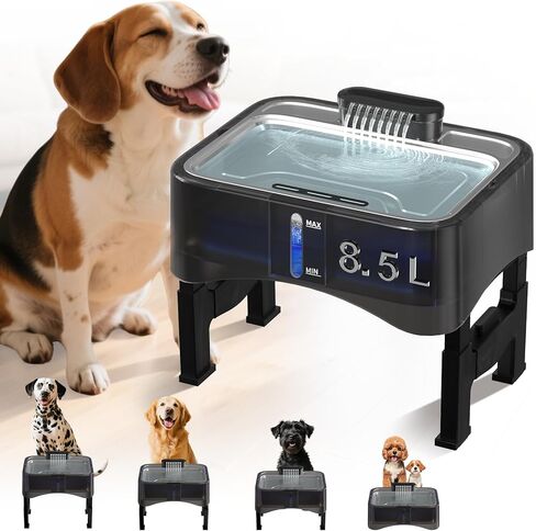 8.5L/2.25Gal Elevated Dog Water Fountain, Xetino 4 Height Adjustable Raised Dog Water Bowl Dispenser for Large Dogs with Stainless Steel Tray BPA-Free, Pet Water Fountain with Ultra Quiet Pump in Kuwait