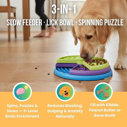 Slow Feeder Dog Bowl – 3-Level Puzzle Feeder for Large, Medium & Small Dogs | Spinning Lick Bowl for Liquid Treats, Peanut Butter & Wet Food | BPA-Free Dog Enrichment Bowl in Kuwait