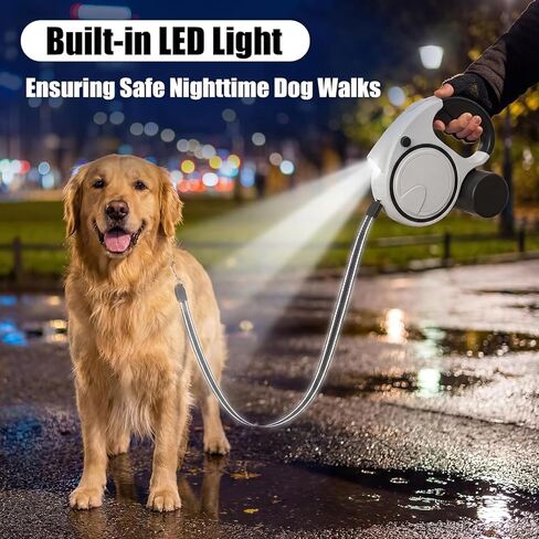 مقود كلب قابل للسحب مزود بإضاءة LED وموزع لأكياس البراز، مقود عاكس قابل للسحب بطول 16 قدمًا للكلاب الصغيرة والمتوسطة التي يصل وزنها إلى 55 رطلاً مع فرامل بيد واحدة، قفل وإيقاف مؤقت، أبيض in Kuwait