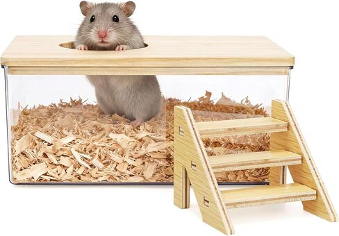Coloch Hamster Sand Bath Box with Wood Cover, Rectangle Clear Hamster Digging Sand Container with Climbing Ladder Multifunctional Plastic Guinea Pig Bathroom for Small Animals in Kuwait