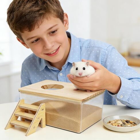 Coloch Hamster Sand Bath Box with Wood Cover, Rectangle Clear Hamster Digging Sand Container with Climbing Ladder Multifunctional Plastic Guinea Pig Bathroom for Small Animals in Kuwait
