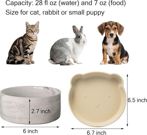 Cat Food and Water Bowl Set, Heavy Weighted Ceramic, No Tip Over, Shallow Wide Whisker Fatigue Silicone Dish, Pet Comfort Feeder for Small Dog, Untippable, Dishwasher Safe, 6 inch in Kuwait